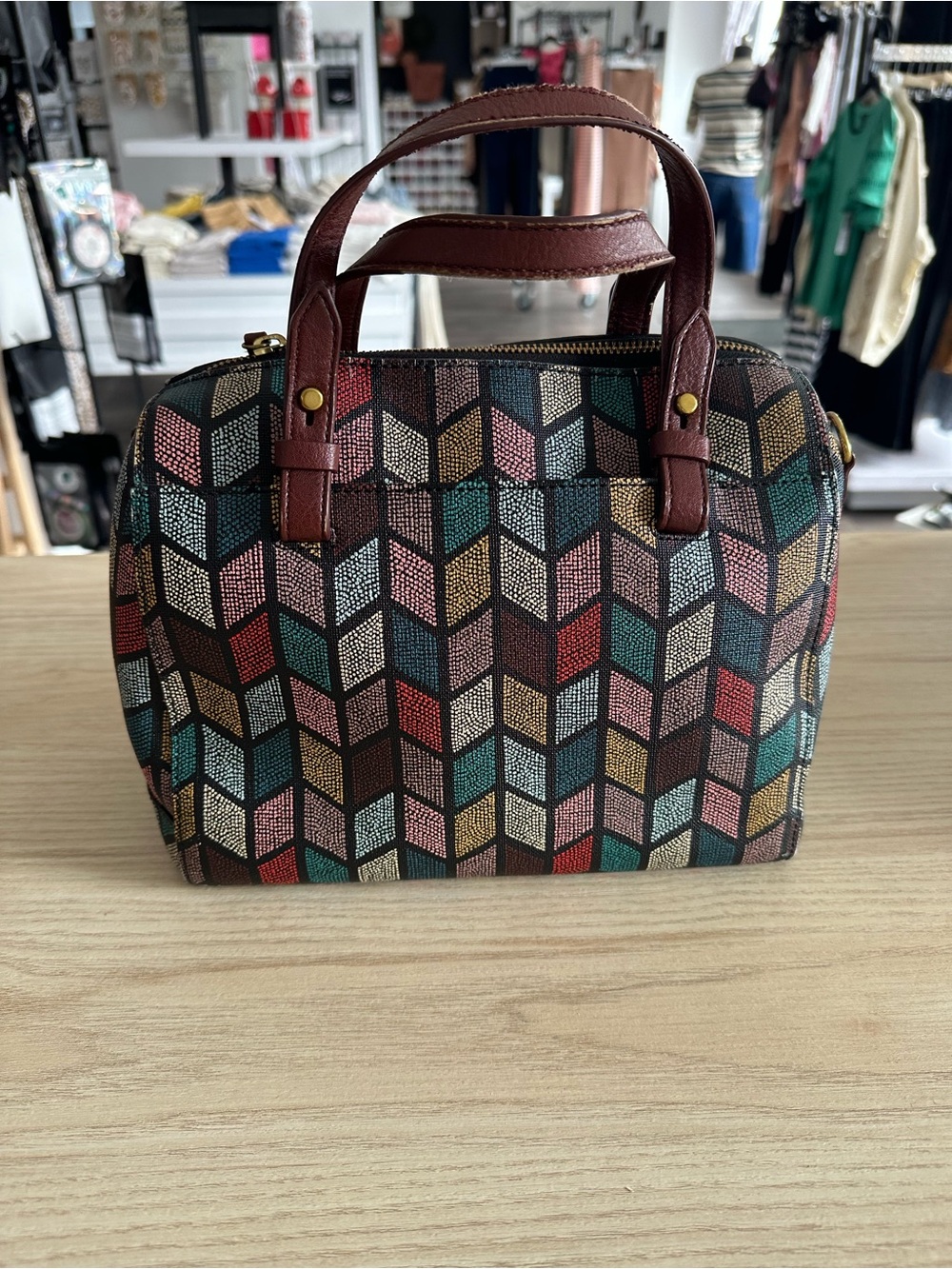 Fossil Multicolor Chevron Satchel with Brown Handles
